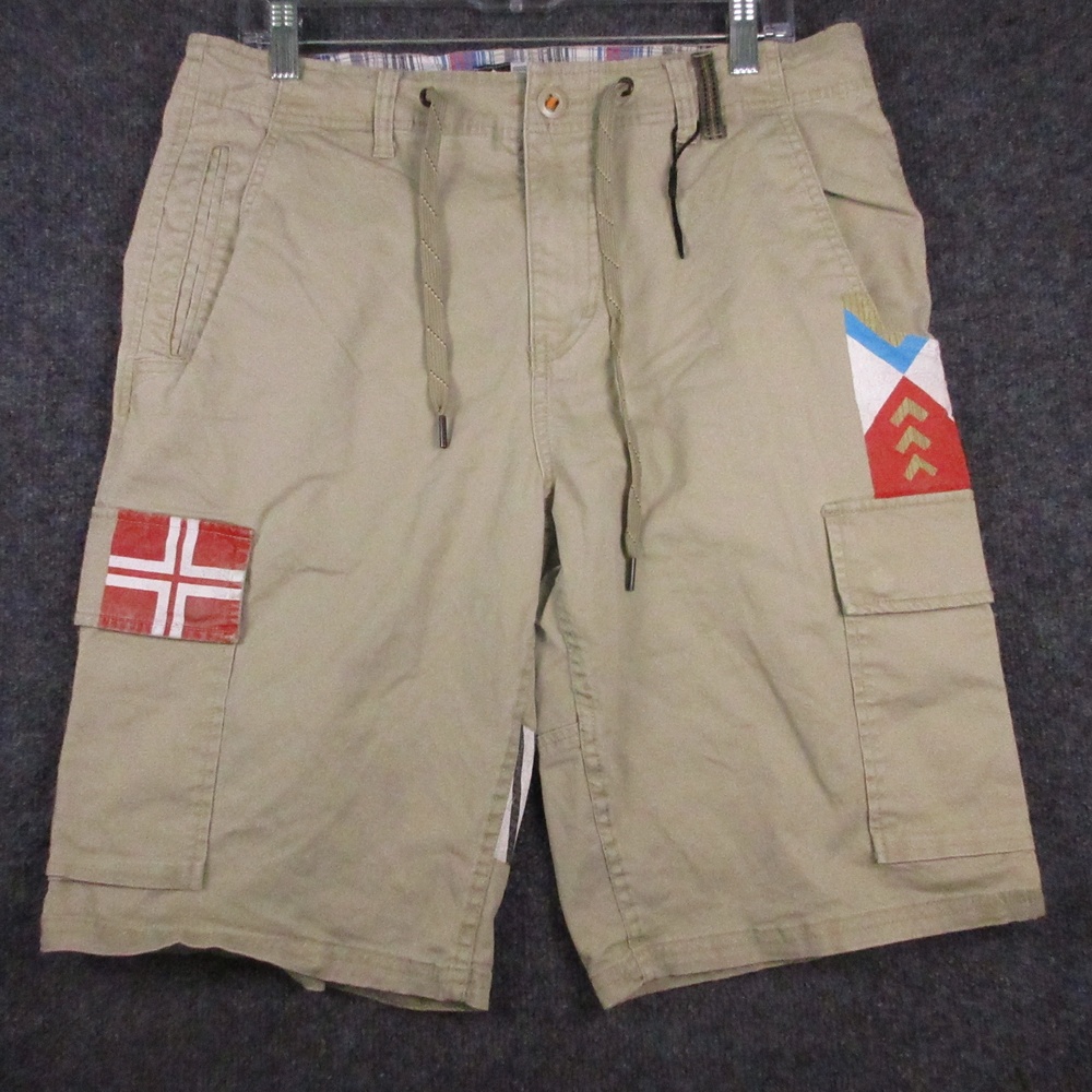 Y2K Lifted Research Group Shorts Mens 34 Beige Cargo 11" Inseam Canvas Graphic